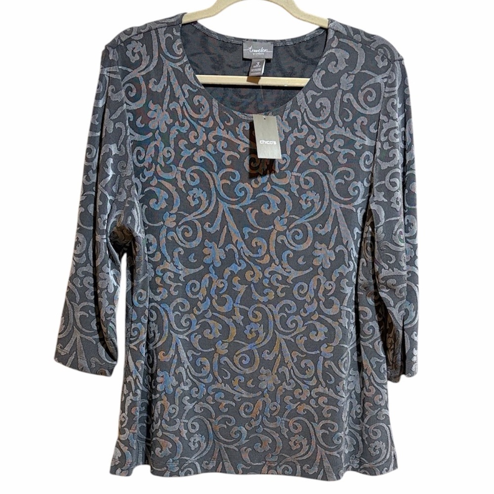 NEW Chico's Travelers Gray Jacquard Tunic 3/4 Sleeve Top Shirt Blouse Size 3